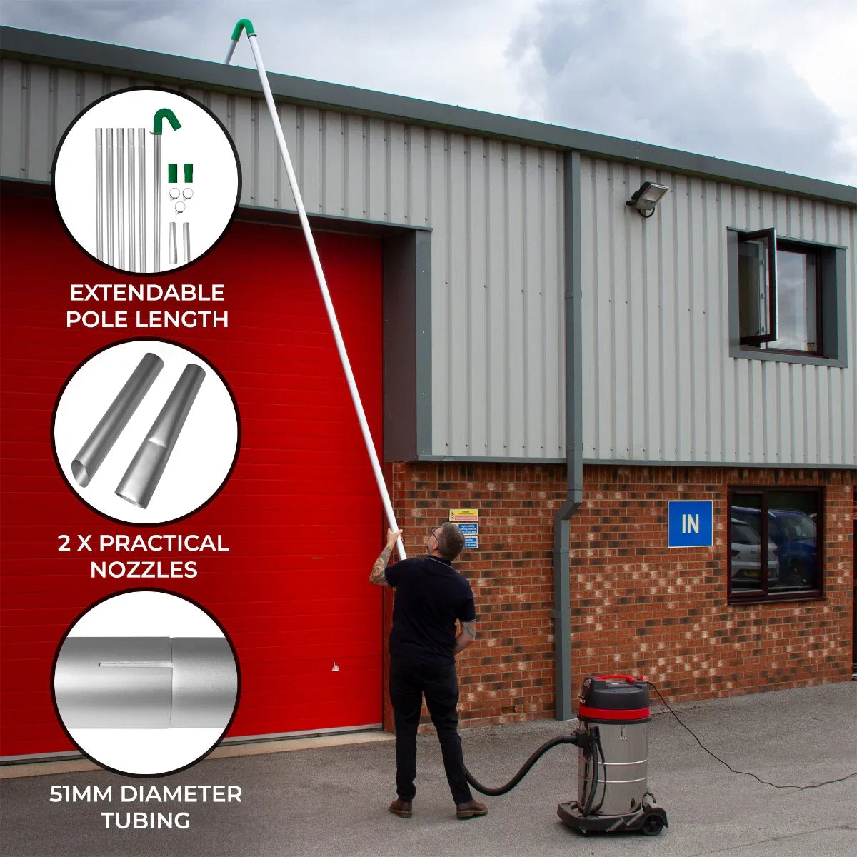 Maxblast Gutter Vacuum Poles 7.2m with extendable aluminum pole, two nozzles, and 51mm diameter tubing for efficient cleaning