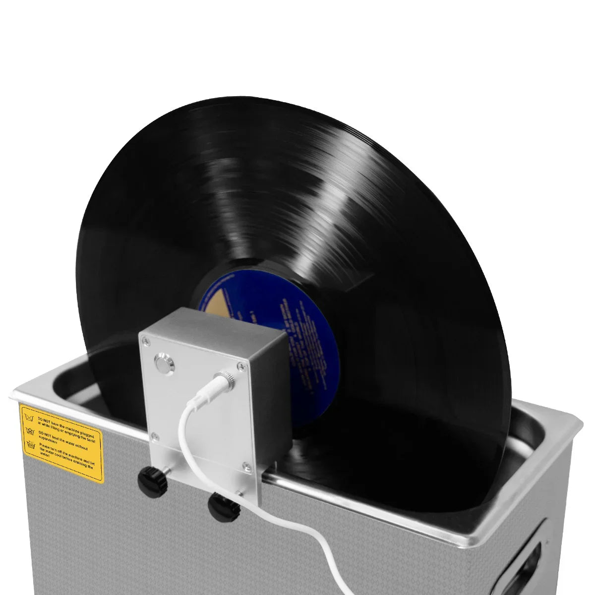 T-Mech Ultrasonic Vinyl Adaptor with a black vinyl record partially submerged in a sleek silver cleaning tank, showcasing its modern design