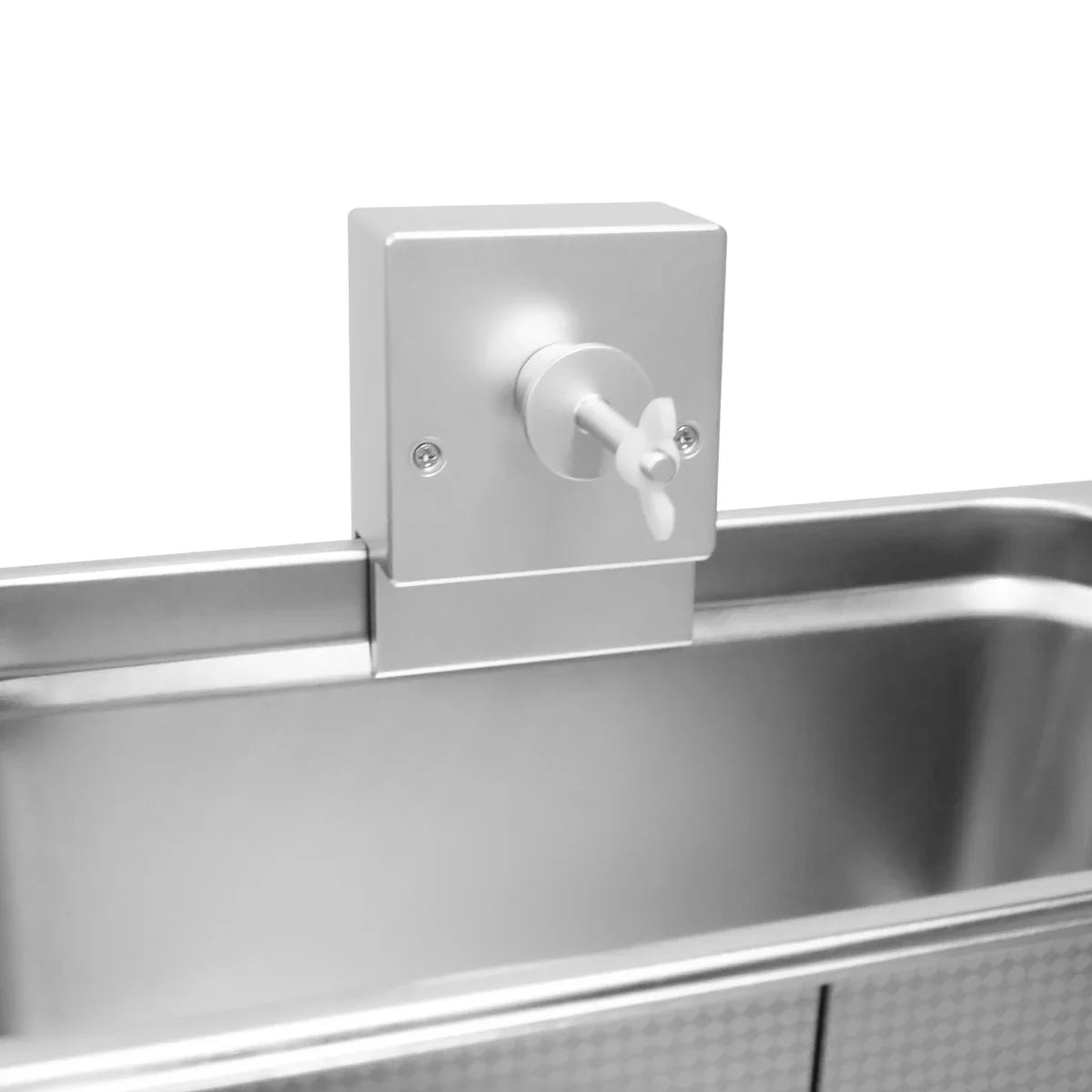 T-Mech Ultrasonic Vinyl Adaptor in sleek silver metal, featuring a white control knob, mounted above a stainless steel sink