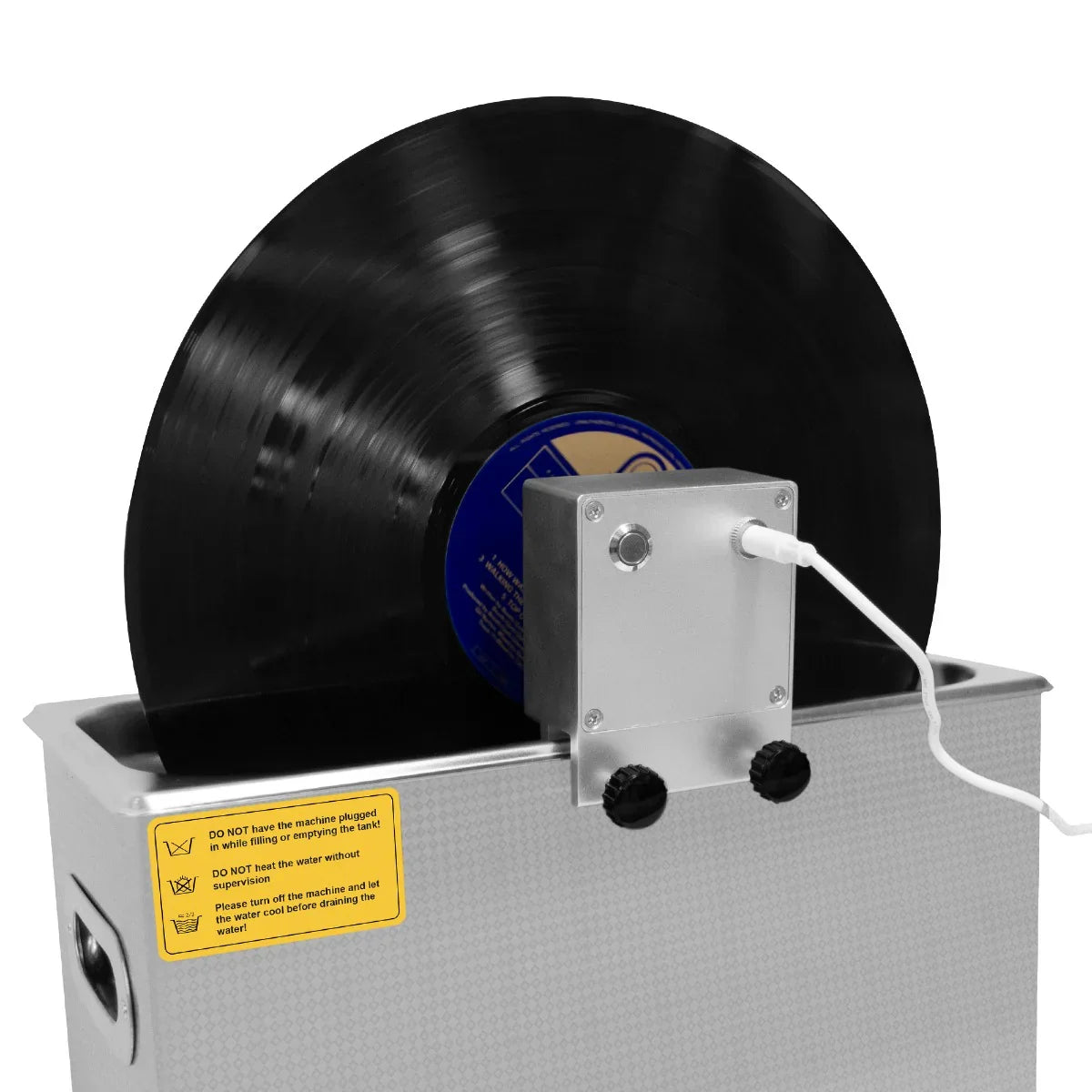 T-Mech Ultrasonic Vinyl Adaptor with a sleek silver body, featuring a black vinyl record and clear connection cable for easy use
