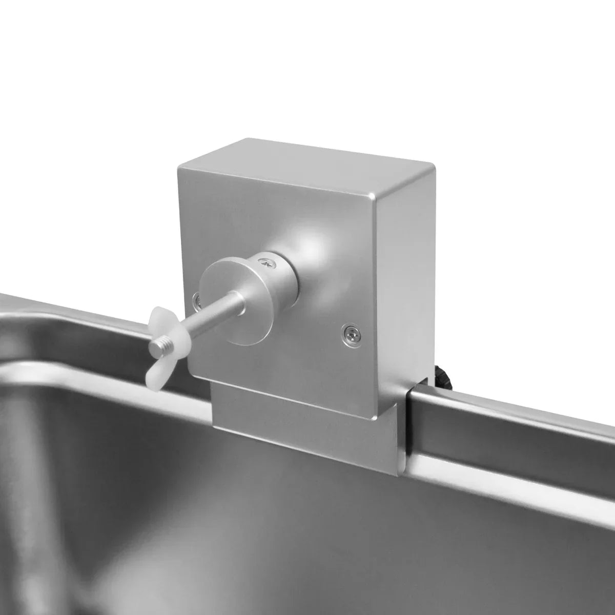 T-Mech Ultrasonic Vinyl Adaptor in sleek silver metal, featuring a compact design with a knob for easy adjustment, mounted on a sink edge