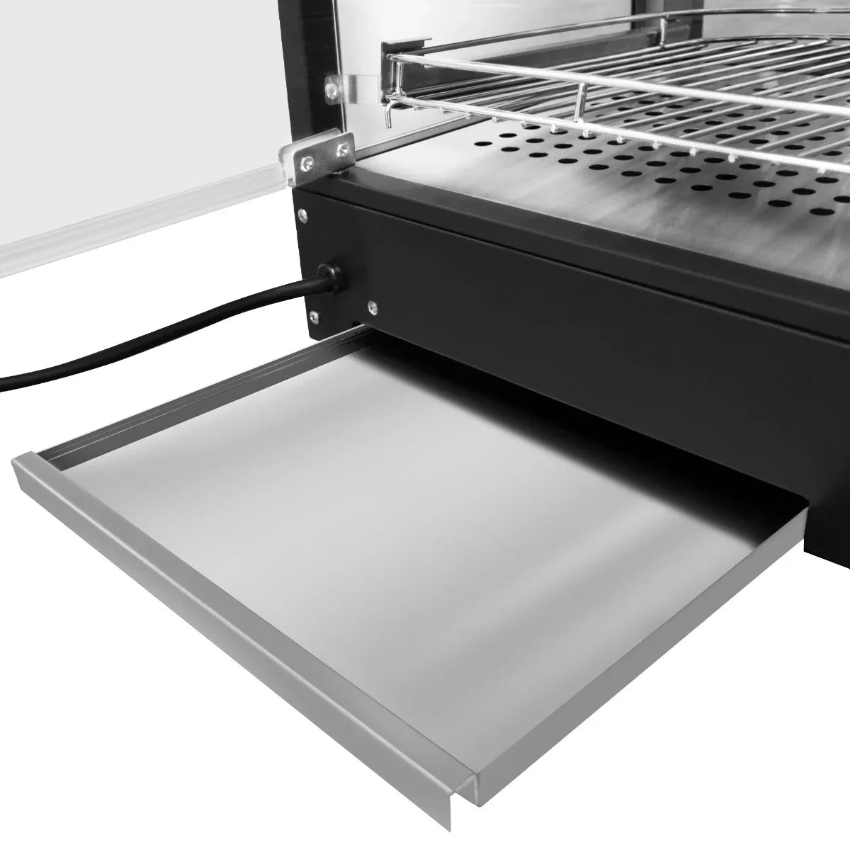 Commercial food warmer glass pizza display featuring a sleek stainless steel drawer, ventilation holes, and a modern black finish