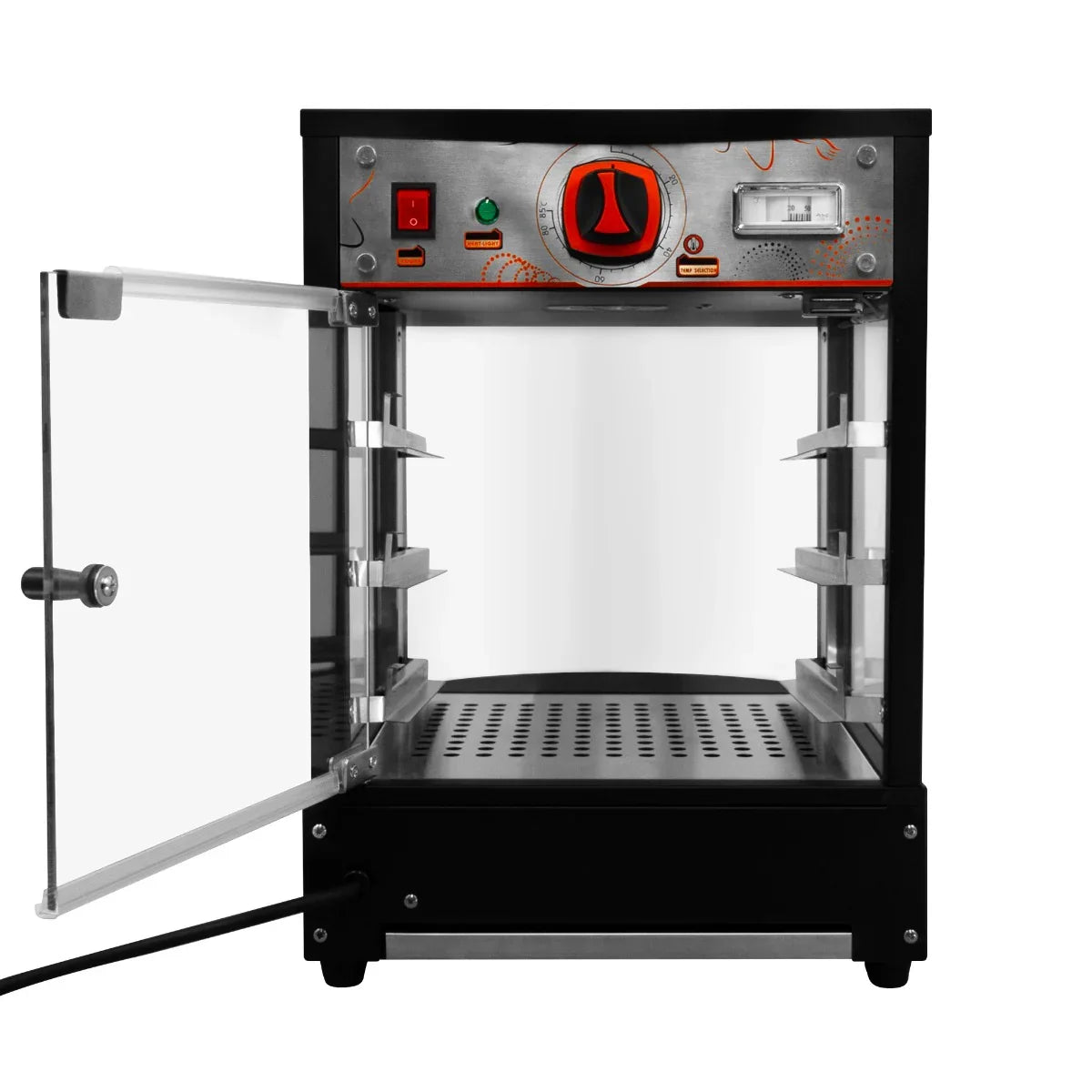 Commercial food warmer with glass door, black exterior, adjustable shelves, and red control panel for displaying pizzas and snacks