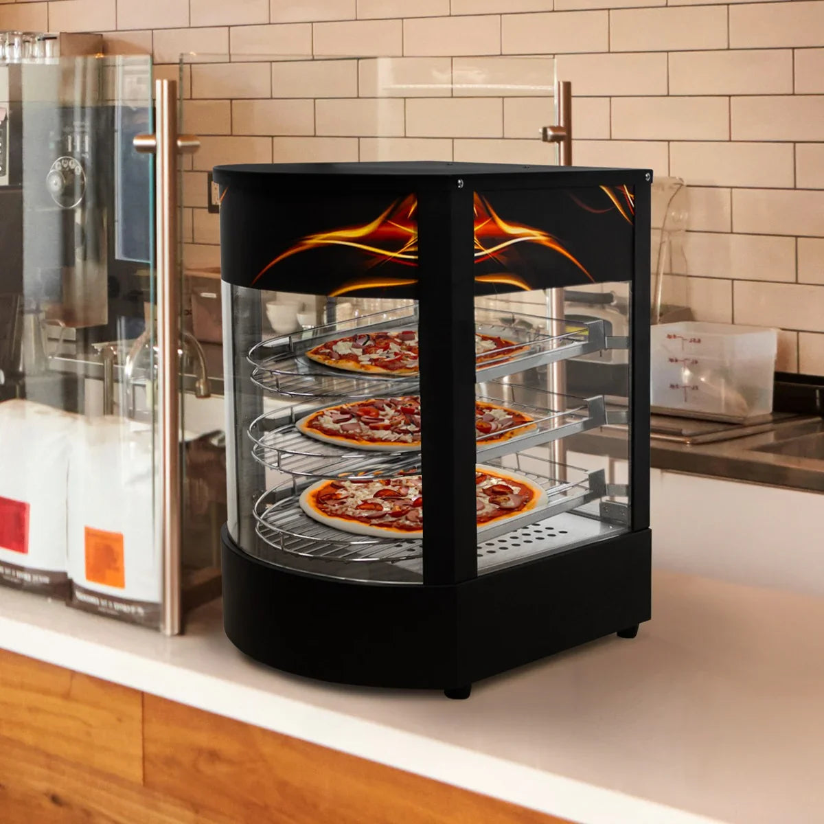 Commercial food warmer glass pizza display featuring three shelves, black exterior, and clear glass for easy visibility of pizzas