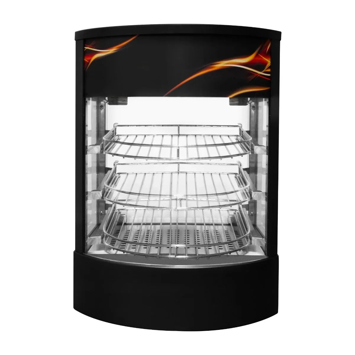 Commercial food warmer glass pizza display with three stainless steel racks, black exterior, and vibrant flame design on top