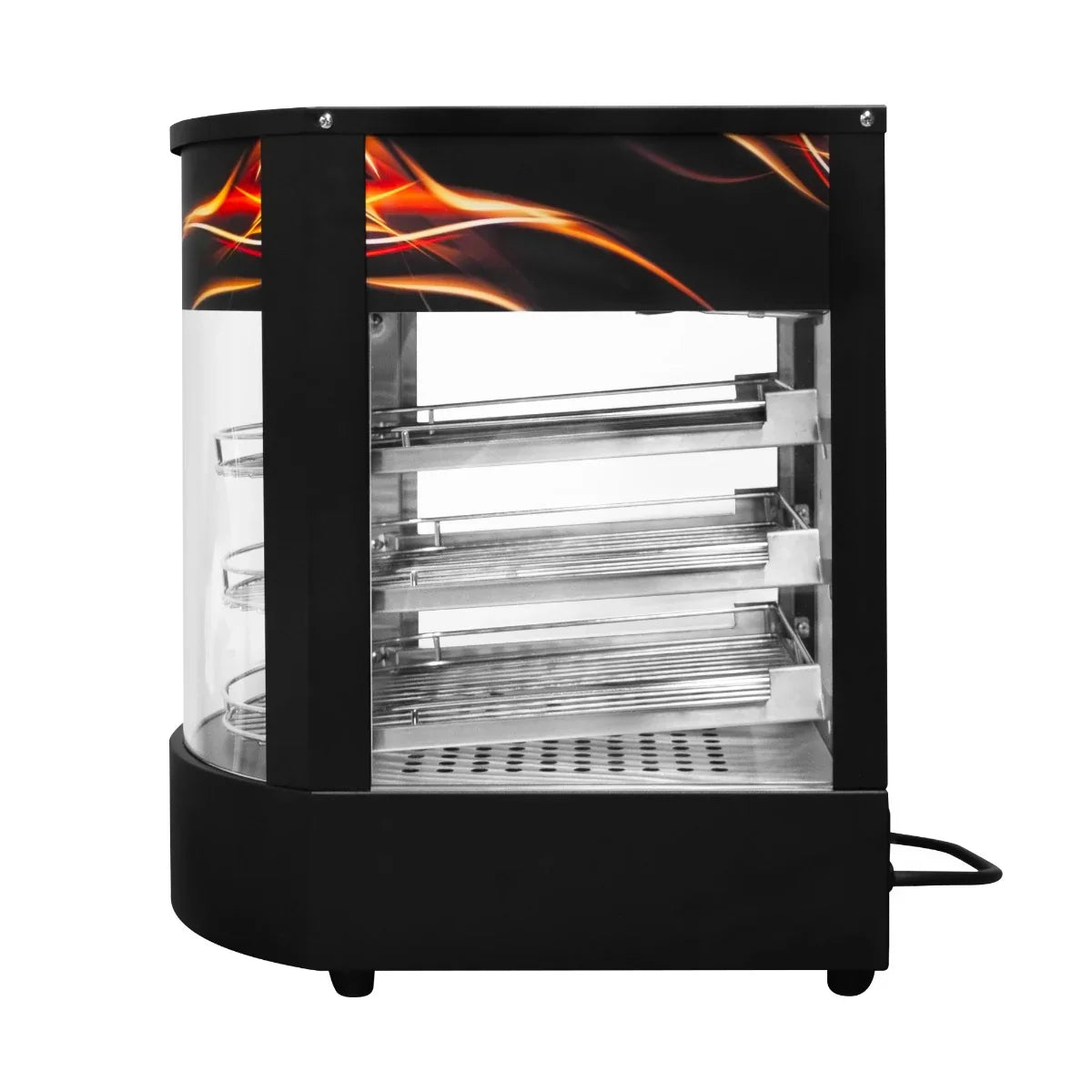 Curved black commercial food warmer with glass display, featuring three stainless steel shelves and vibrant flame graphics on top
