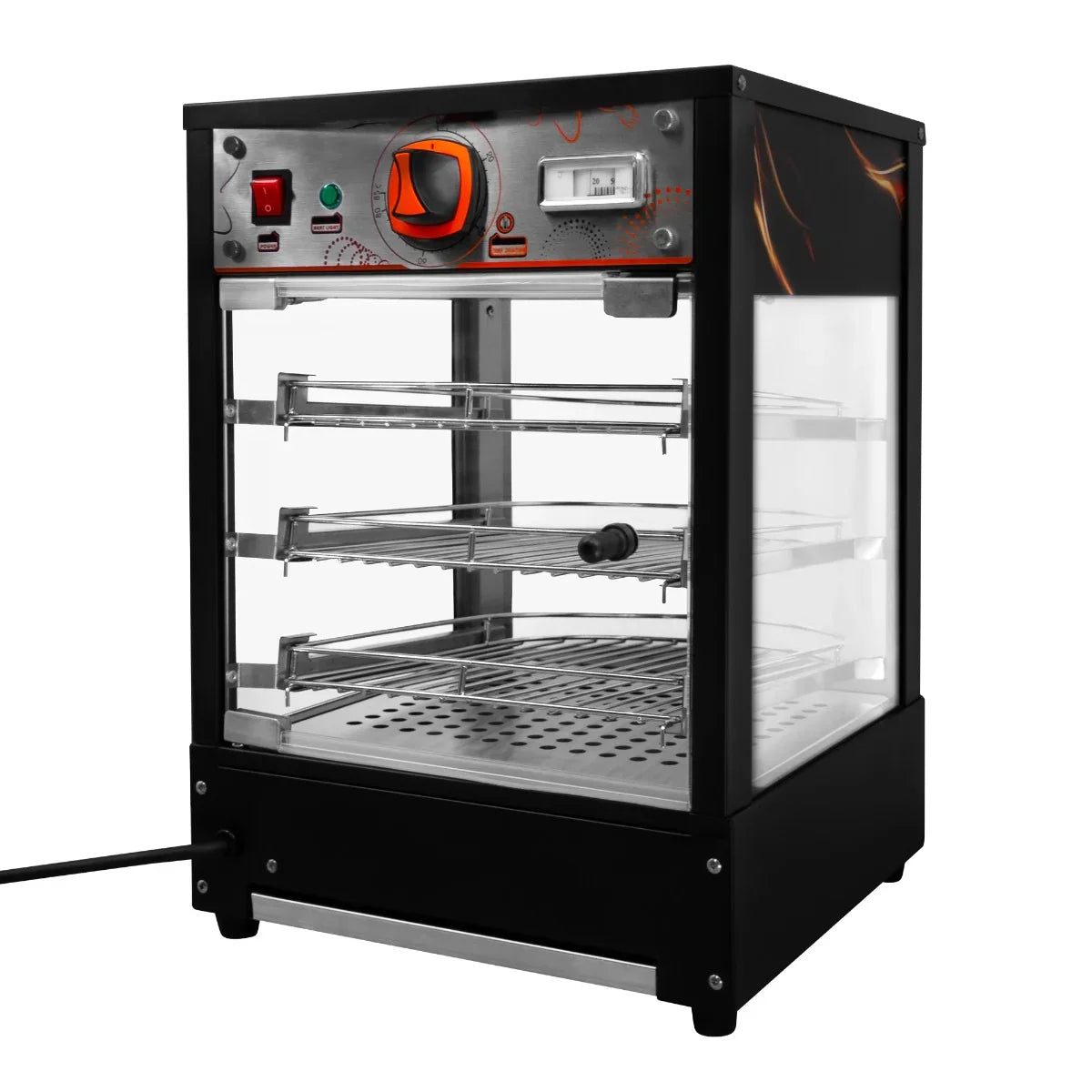 Commercial food warmer glass pizza display with three adjustable shelves, stainless steel accents, and an orange control knob