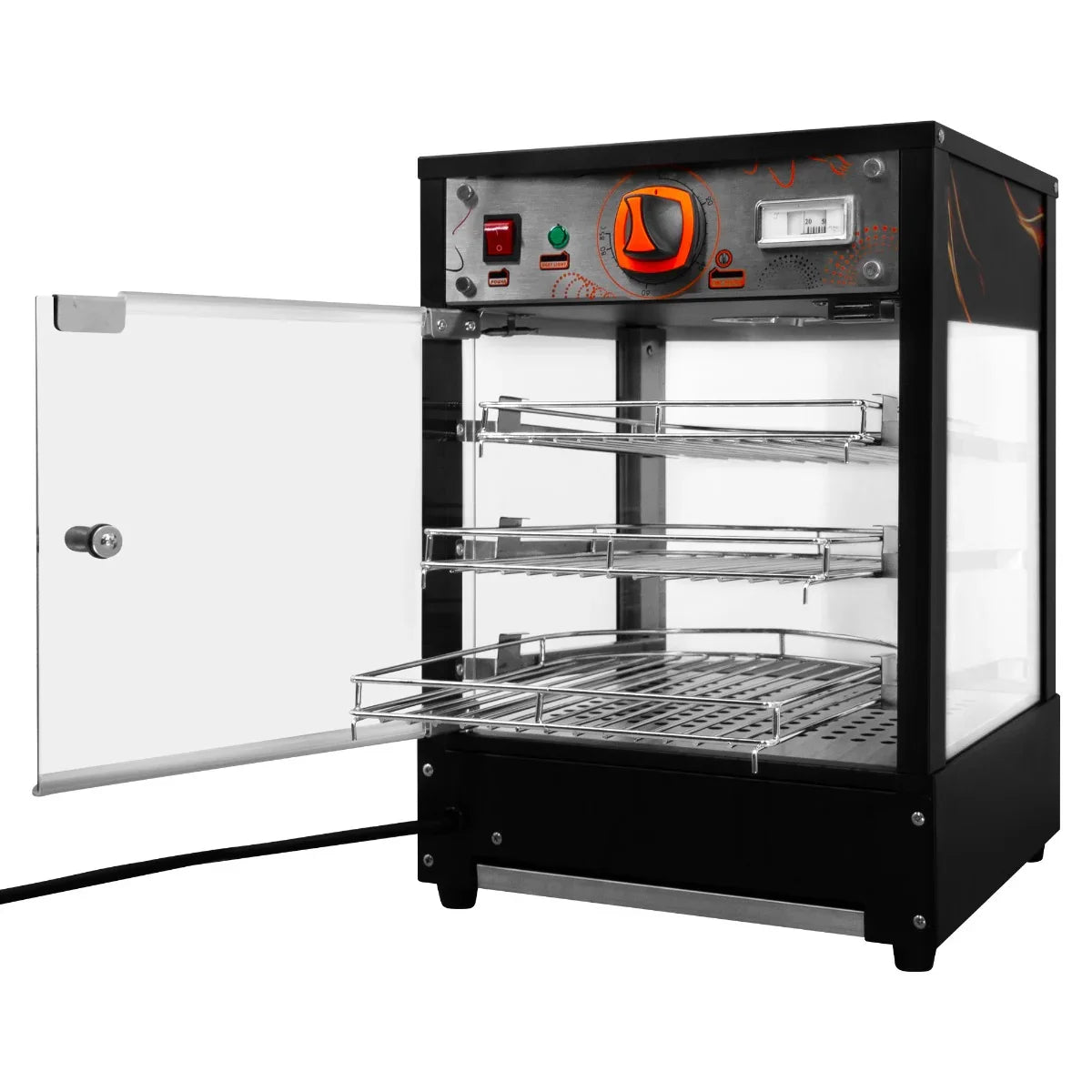 Commercial food warmer glass pizza display with a black exterior, orange accents, two wire shelves, and a clear glass door for visibility