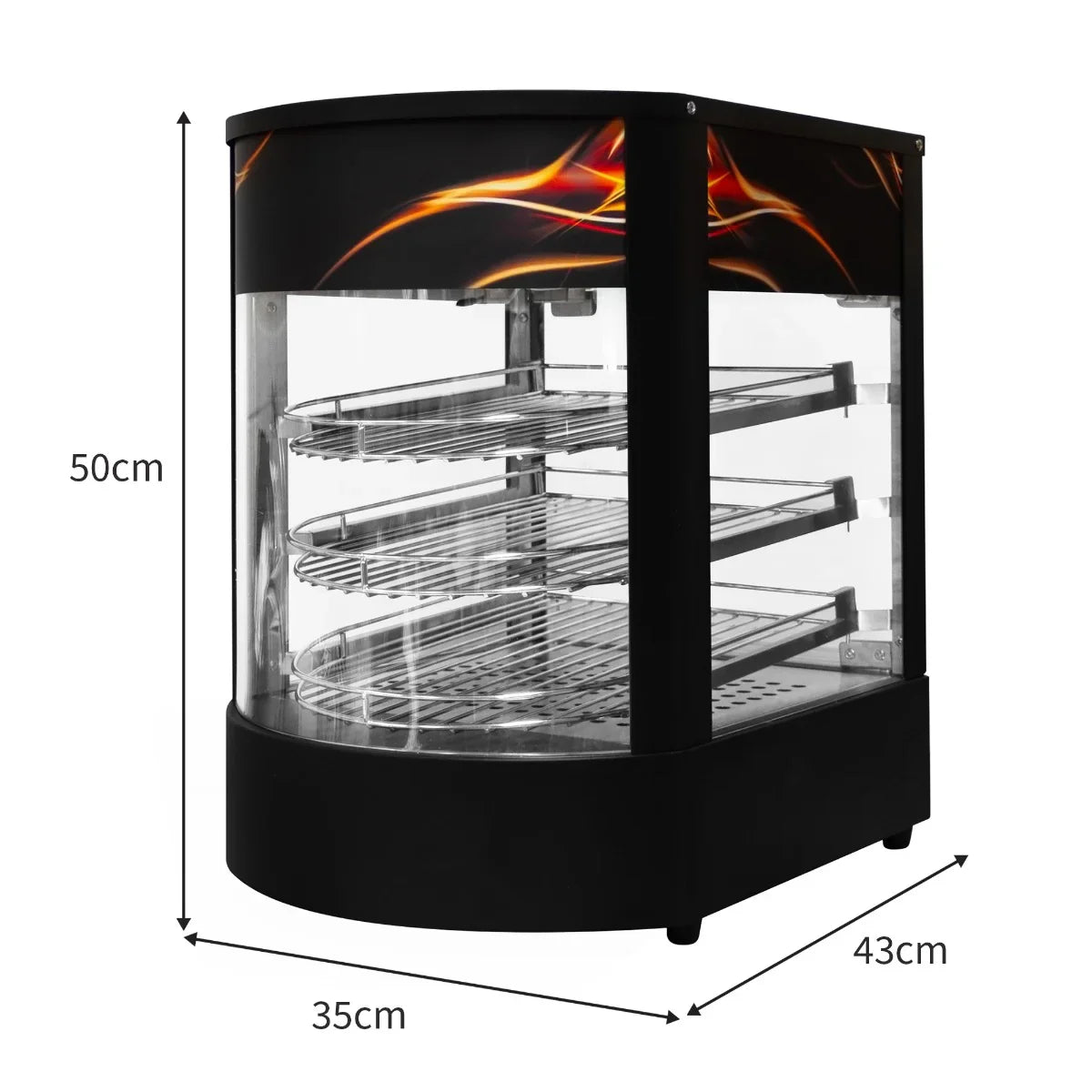 Commercial food warmer with glass display, black exterior, three chrome wire shelves, and flame design, measuring 50cm high and 43cm wide