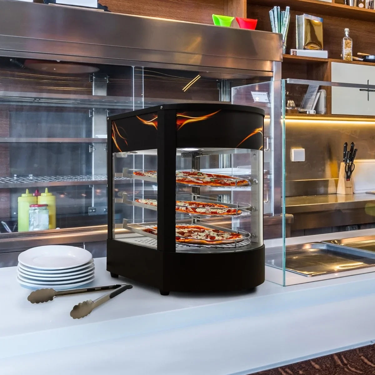 Commercial food warmer glass pizza display with four shelves, black exterior, and illuminated interior, ideal for showcasing pizzas in a restaurant setting