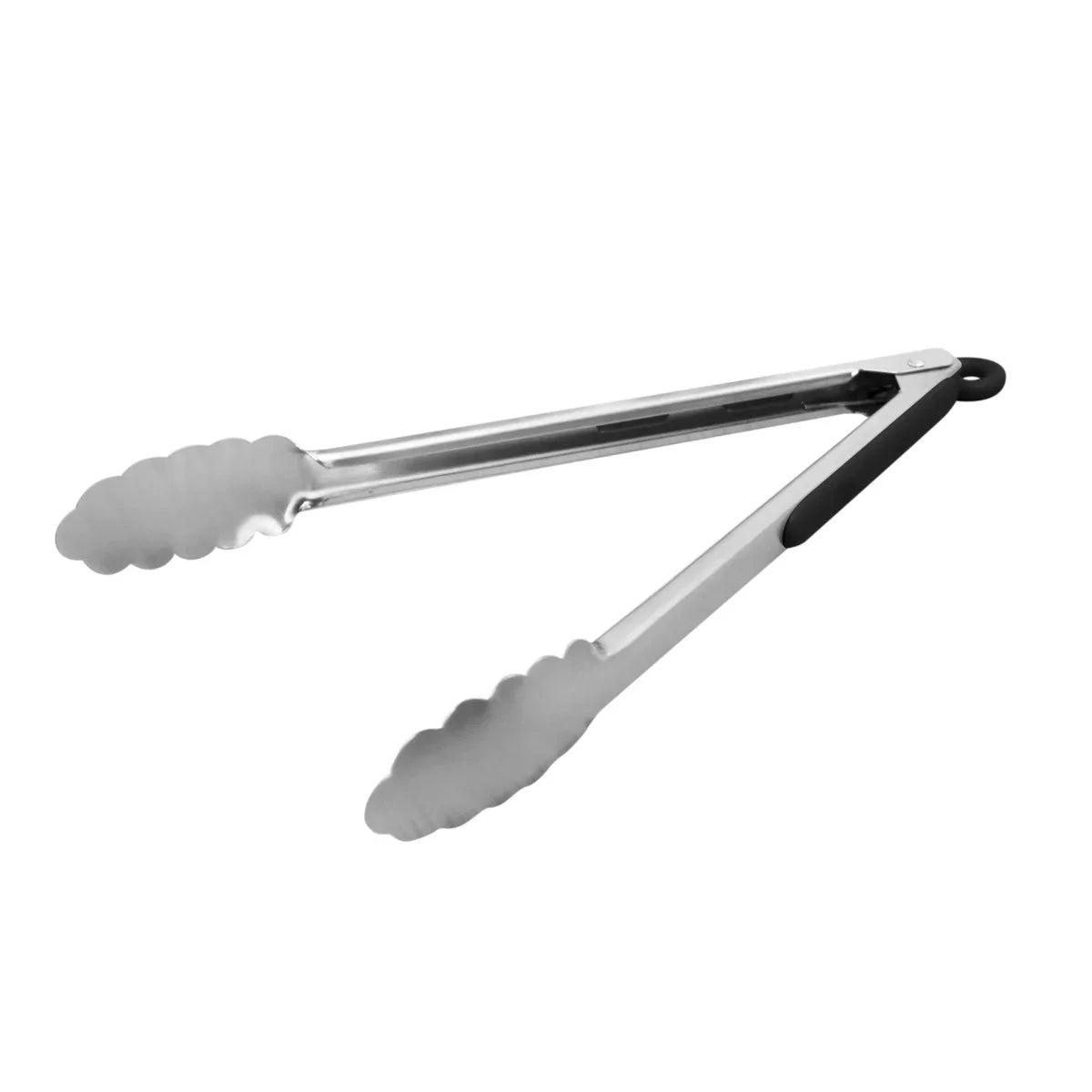 Stainless steel tongs with silicone grips and scalloped edges, ideal for serving pizza and other foods in a commercial setting