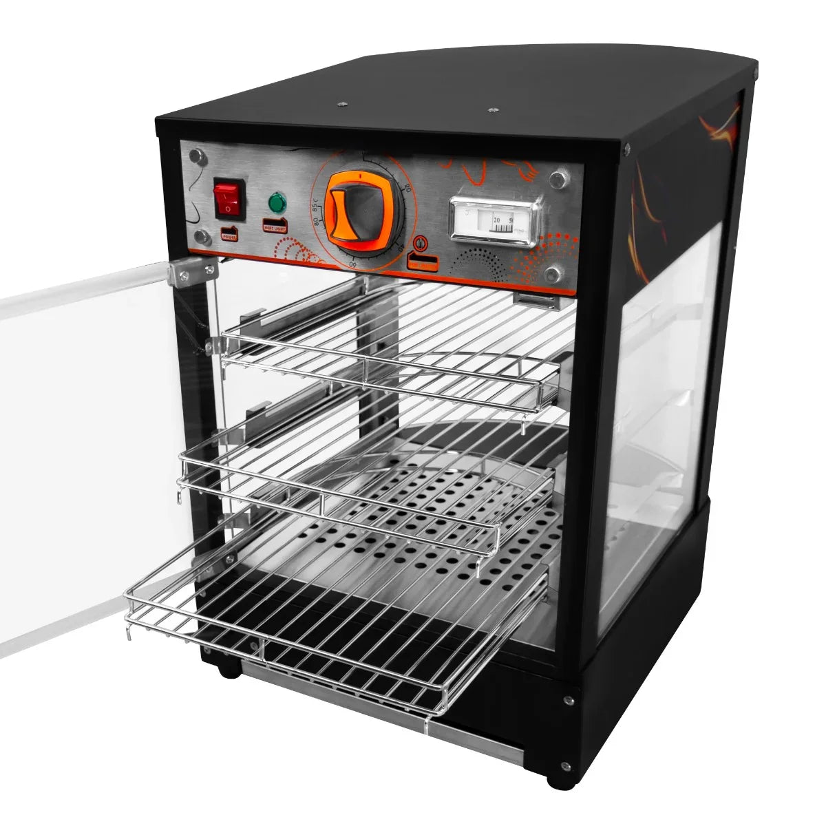 Commercial food warmer with glass display, black exterior, stainless steel controls, two wire racks for pizza, and a clear front door