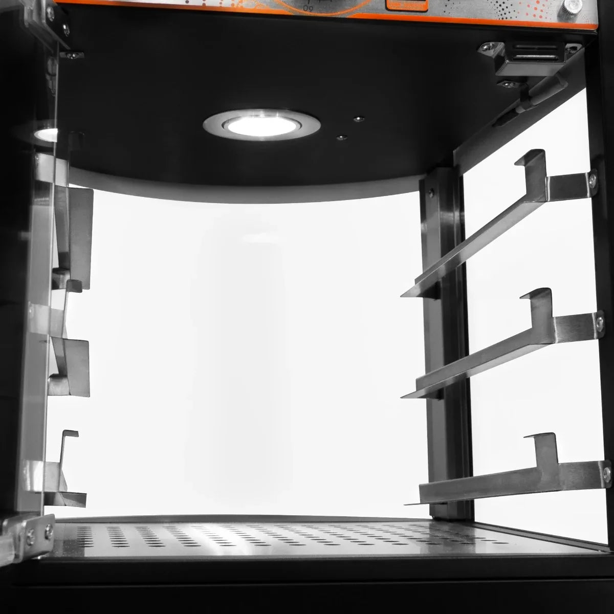 Commercial food warmer glass pizza display with stainless steel shelves, interior light, and a sleek black design for optimal visibility