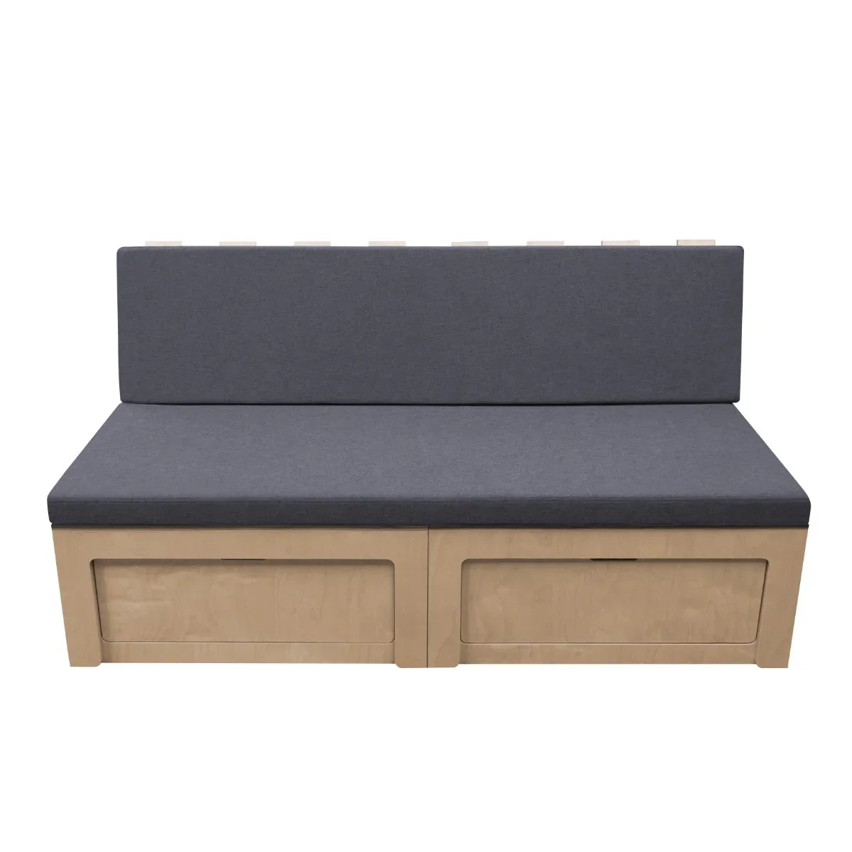 Stylish Camper Van Bed with a sleek gray upholstered cushion and light wood frame, featuring hidden storage compartments underneath