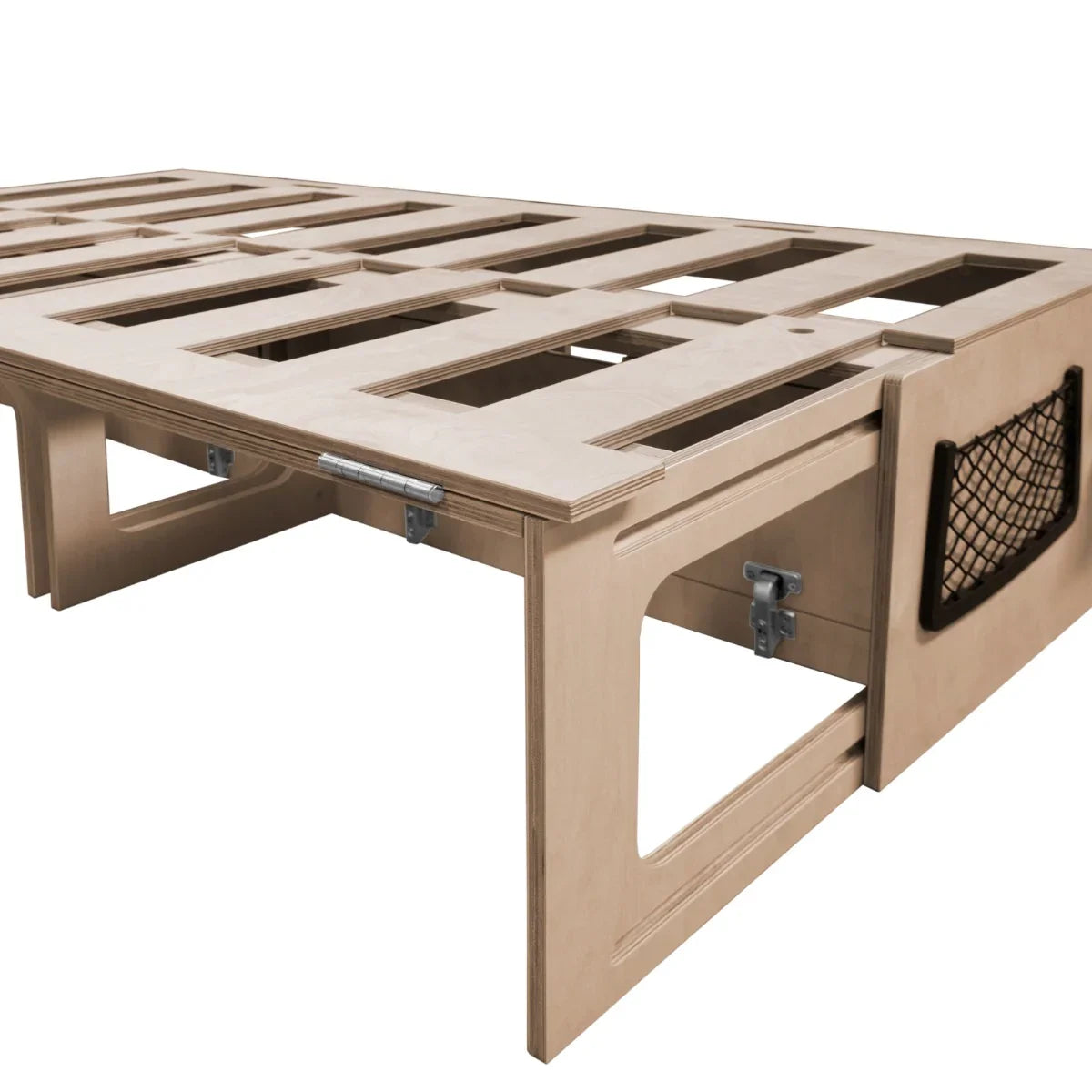 Lightweight wooden camper van bed frame with slatted design, featuring a mesh storage pocket and sturdy metal brackets for support