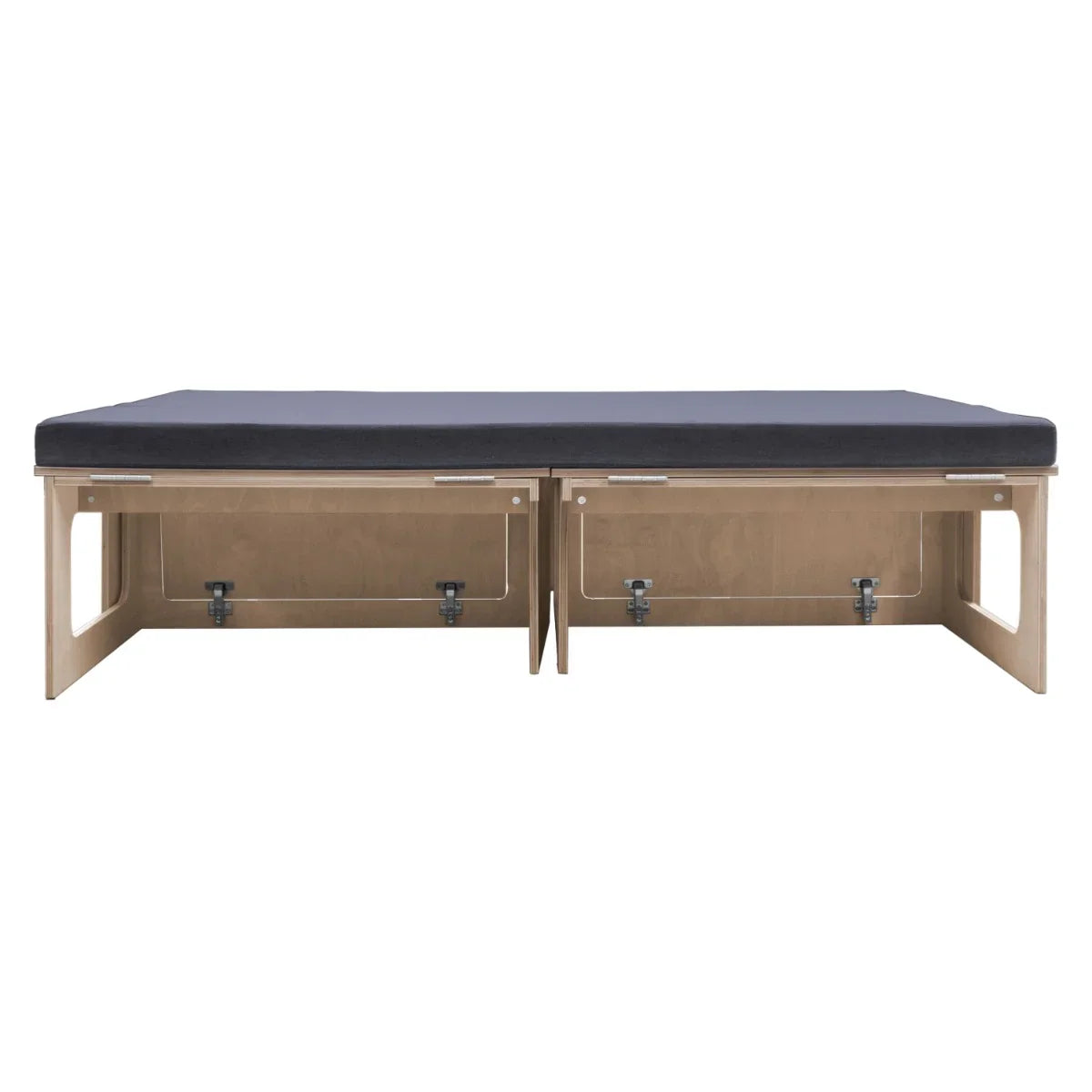 Camper van bed with a sleek wooden frame and dark gray mattress, designed for compact living and easy storage solutions