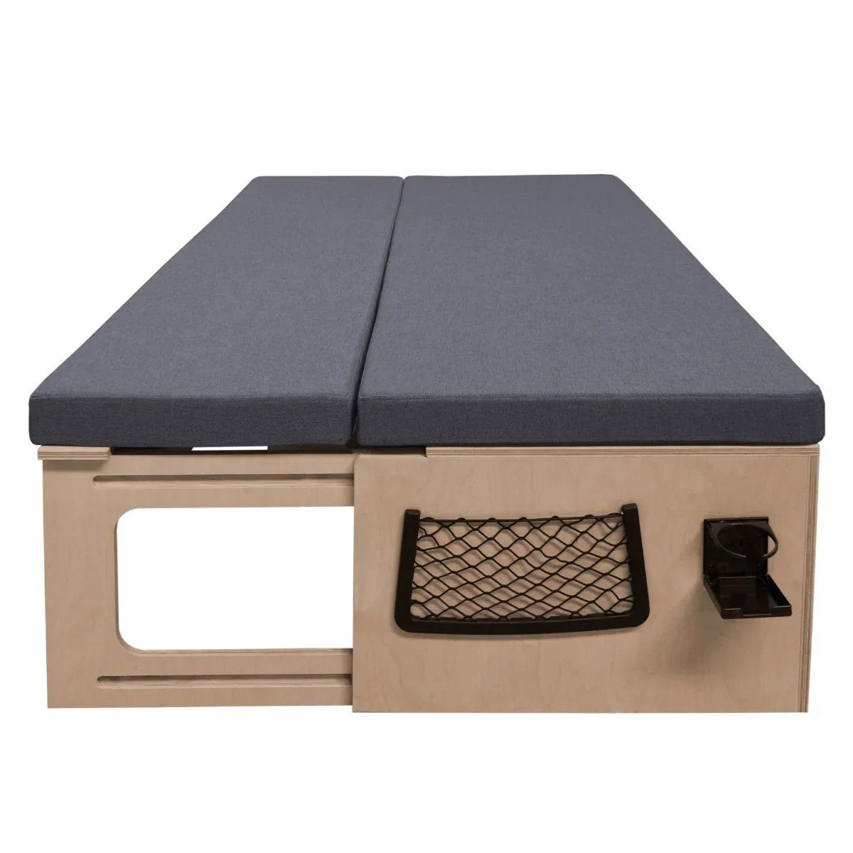 Camper van bed featuring a sleek wooden frame, gray cushioned mattress, and convenient storage pocket for essentials