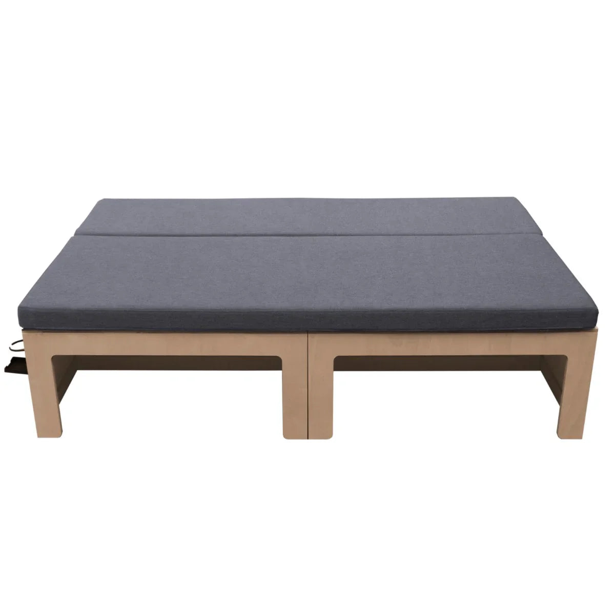 Camper van bed featuring a sturdy wooden frame and a soft, gray upholstered mattress, ideal for compact living spaces