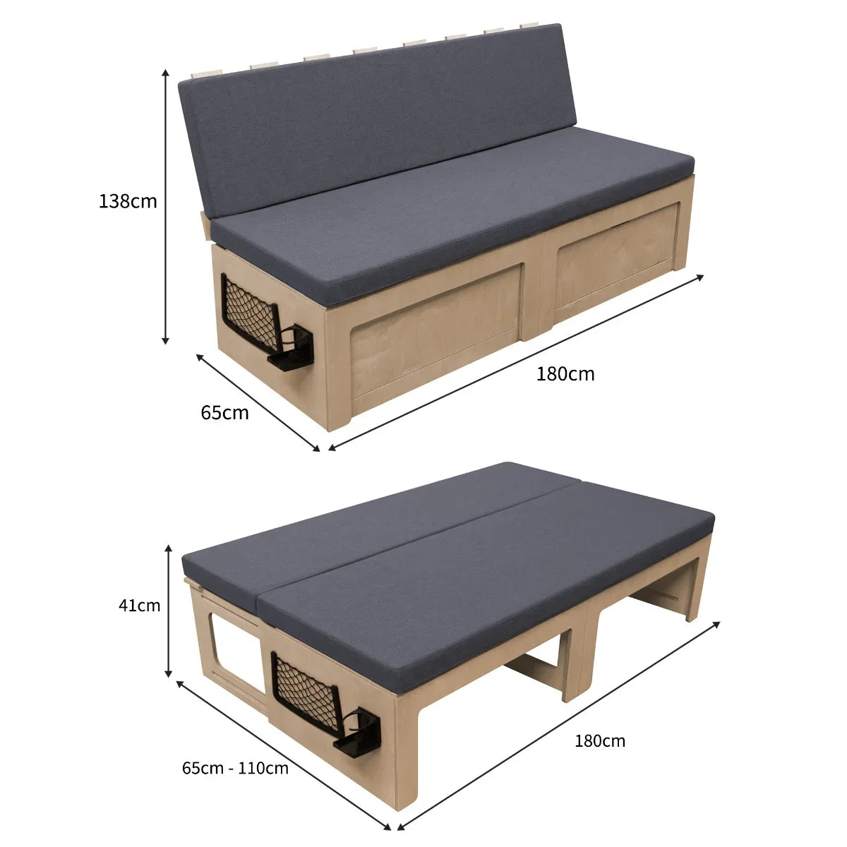 Camper van bed with a gray cushioned top, wooden base, and adjustable height, perfect for compact living and travel comfort