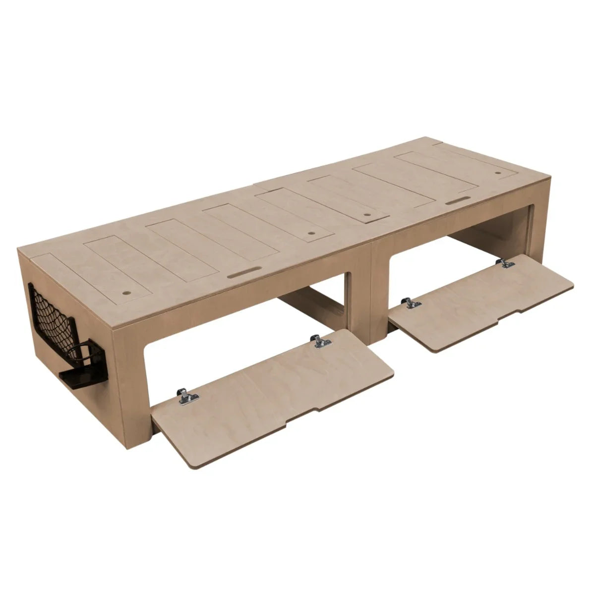 Light wood camper van bed with a sleek design, featuring storage compartments and a smooth finish for a modern look
