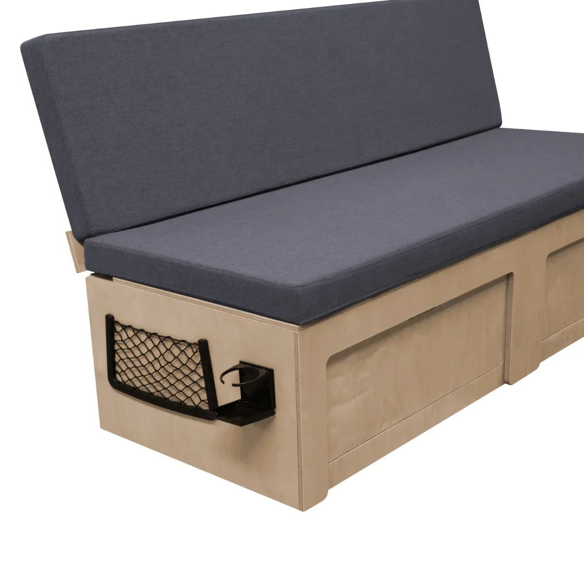Camper van bed with a sleek wooden base, soft gray cushion, and convenient storage basket for easy organization and comfort