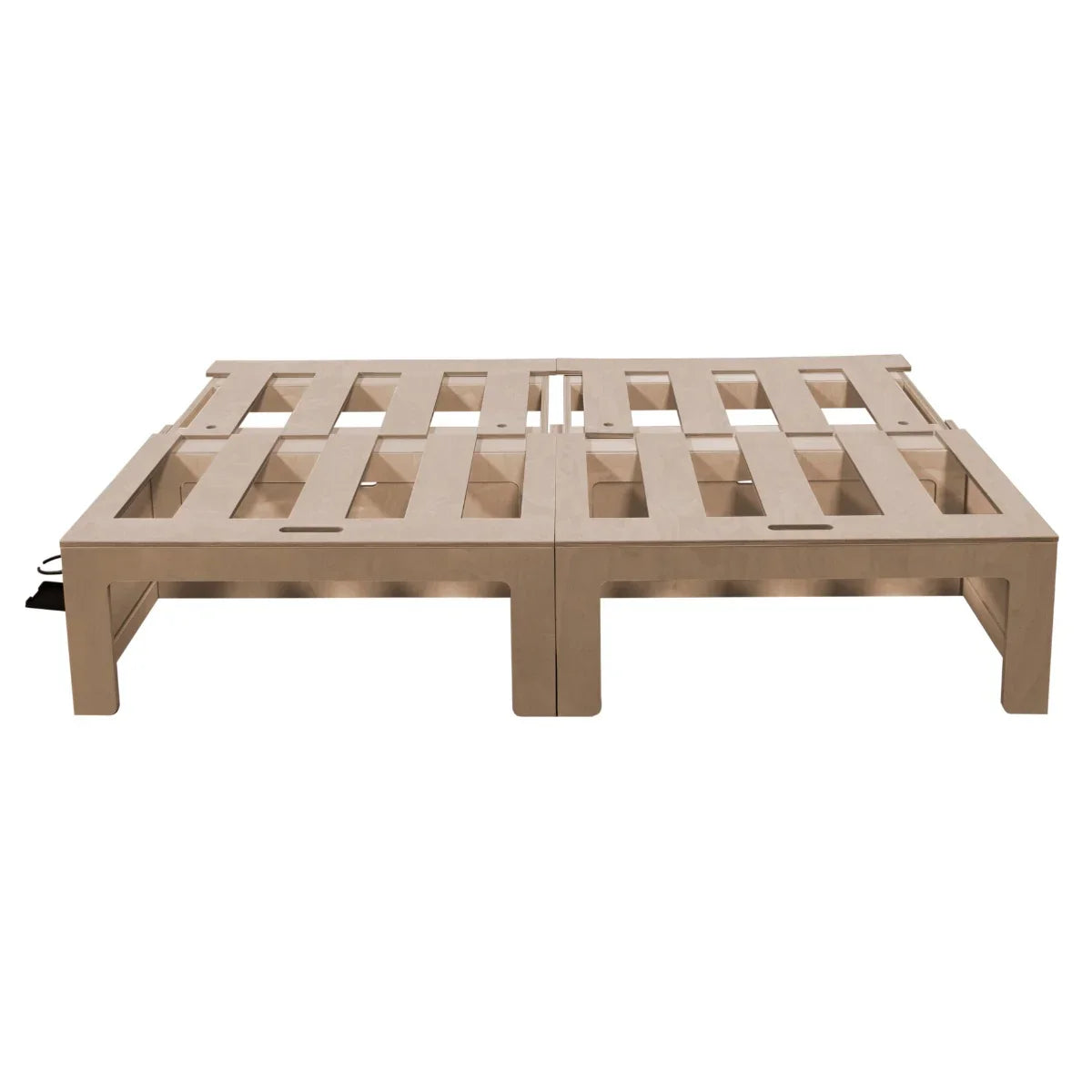 Light wood camper van bed frame with slatted design, featuring sturdy legs and a minimalist aesthetic for compact living spaces