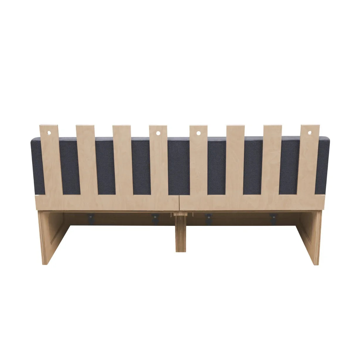 Camper van bed featuring a sturdy wooden frame with vertical slats, upholstered in dark gray fabric for comfort and style