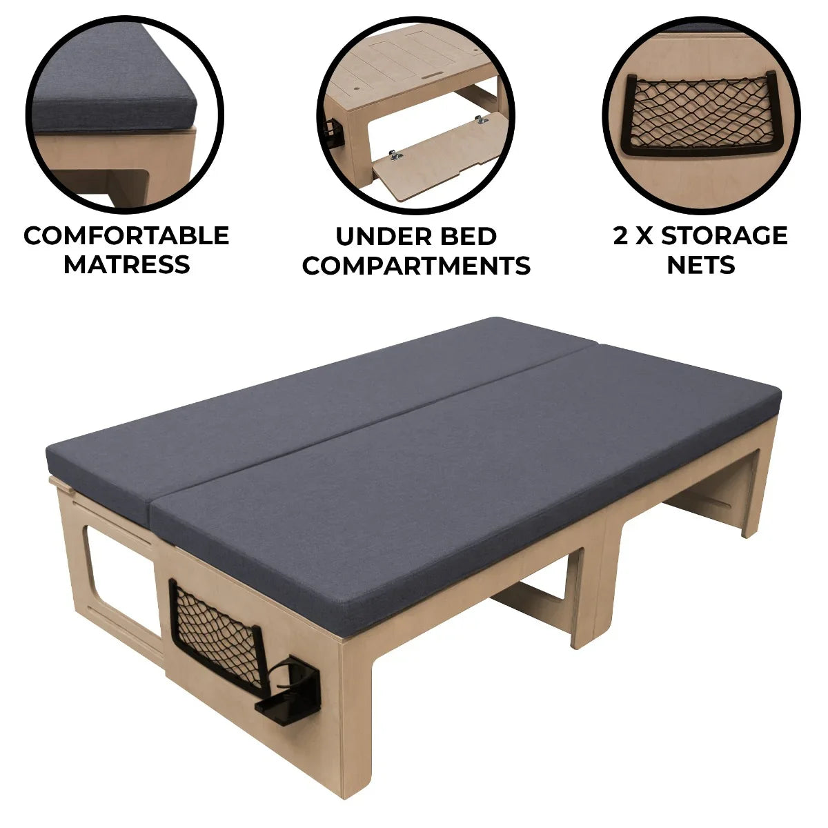 Camper van bed featuring a comfortable gray mattress, wooden frame, under-bed storage compartments, and two side storage nets