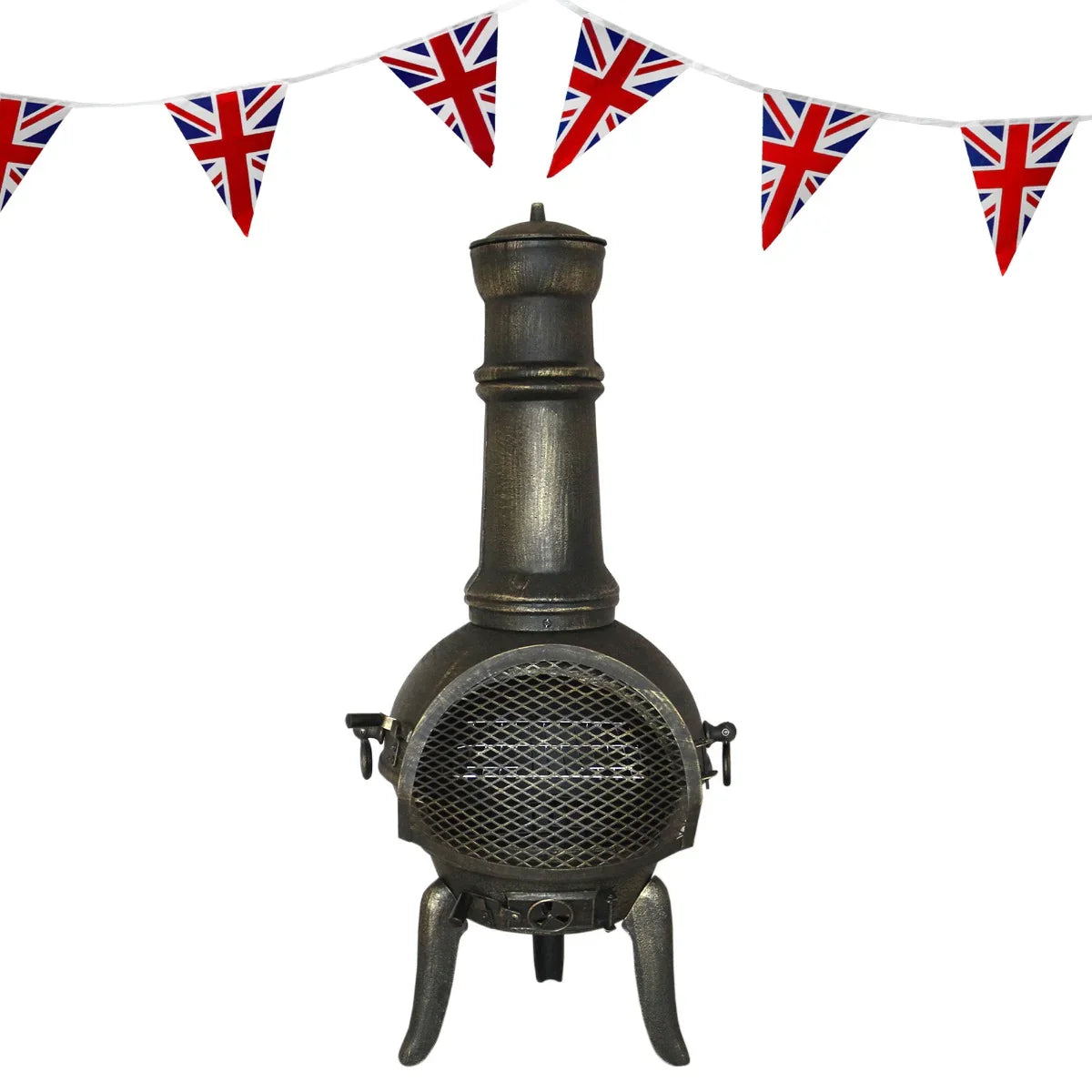 Cast iron chimenea with a rustic finish, featuring a tall chimney and mesh front, adorned with Union Jack bunting above