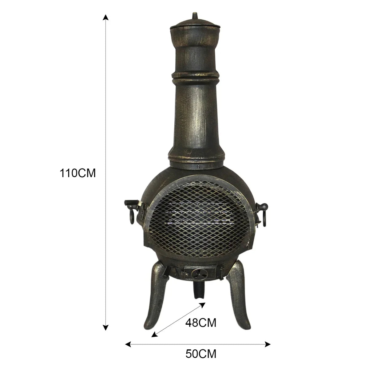 Cast iron chimenea with a rustic finish, featuring a tall chimney, mesh front, and sturdy legs, complemented by Union Jack bunting