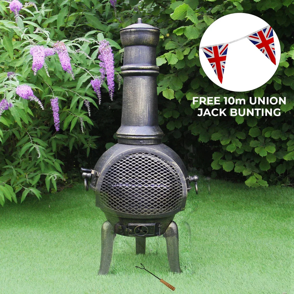 Cast iron chimenea with a textured dark finish, featuring a mesh front and accompanied by 10m of Union Jack bunting in a garden setting