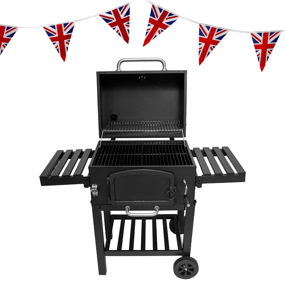 XL BBQ smoker grill with a black finish, open lid, and side shelves, decorated with Union Jack bunting above for festive outdoor cooking