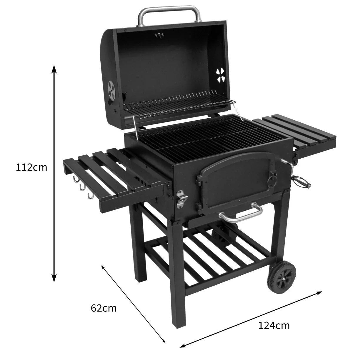 XL BBQ smoker grill with open lid, black metal finish, side shelves, and dimensions 112cm height, 124cm width, 62cm depth