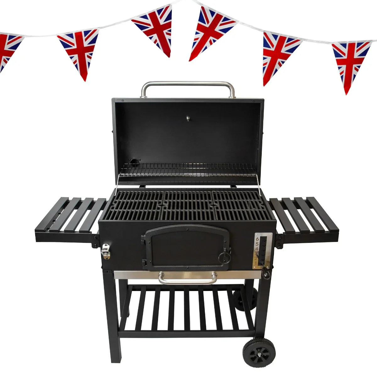 XXL BBQ smoker grill with a black finish, spacious cooking area, and foldable side shelves, adorned with Union Jack bunting