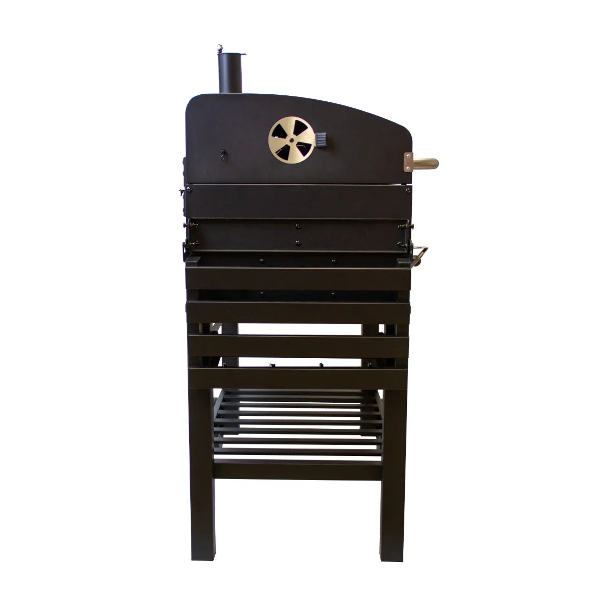 XXL BBQ smoker grill in sleek black metal with a gold dial, featuring a sturdy frame and ample cooking space for outdoor grilling