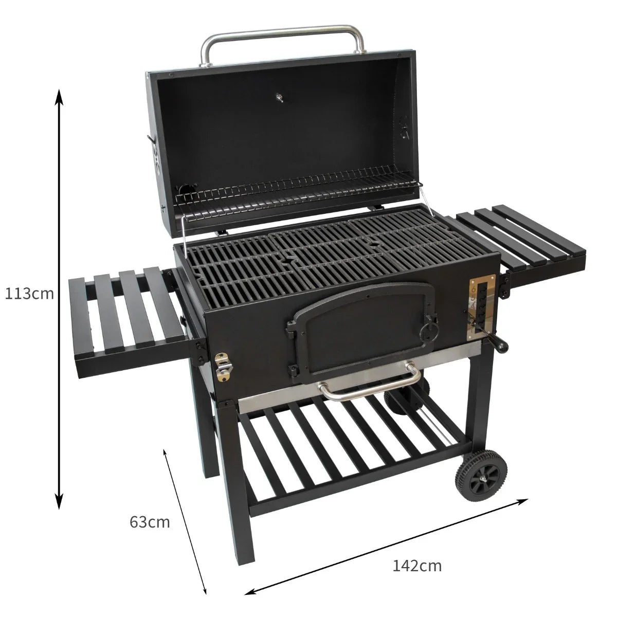 XXL BBQ smoker grill with black finish, dual side shelves, and open lid showcasing grilling grates, dimensions 113cm x 142cm x 63cm