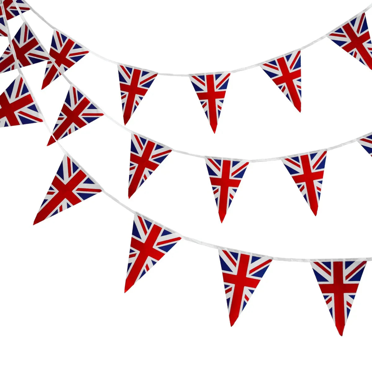 Union Jack bunting with vibrant red, white, and blue flags, perfect for outdoor BBQ events and celebrations, adding festive flair