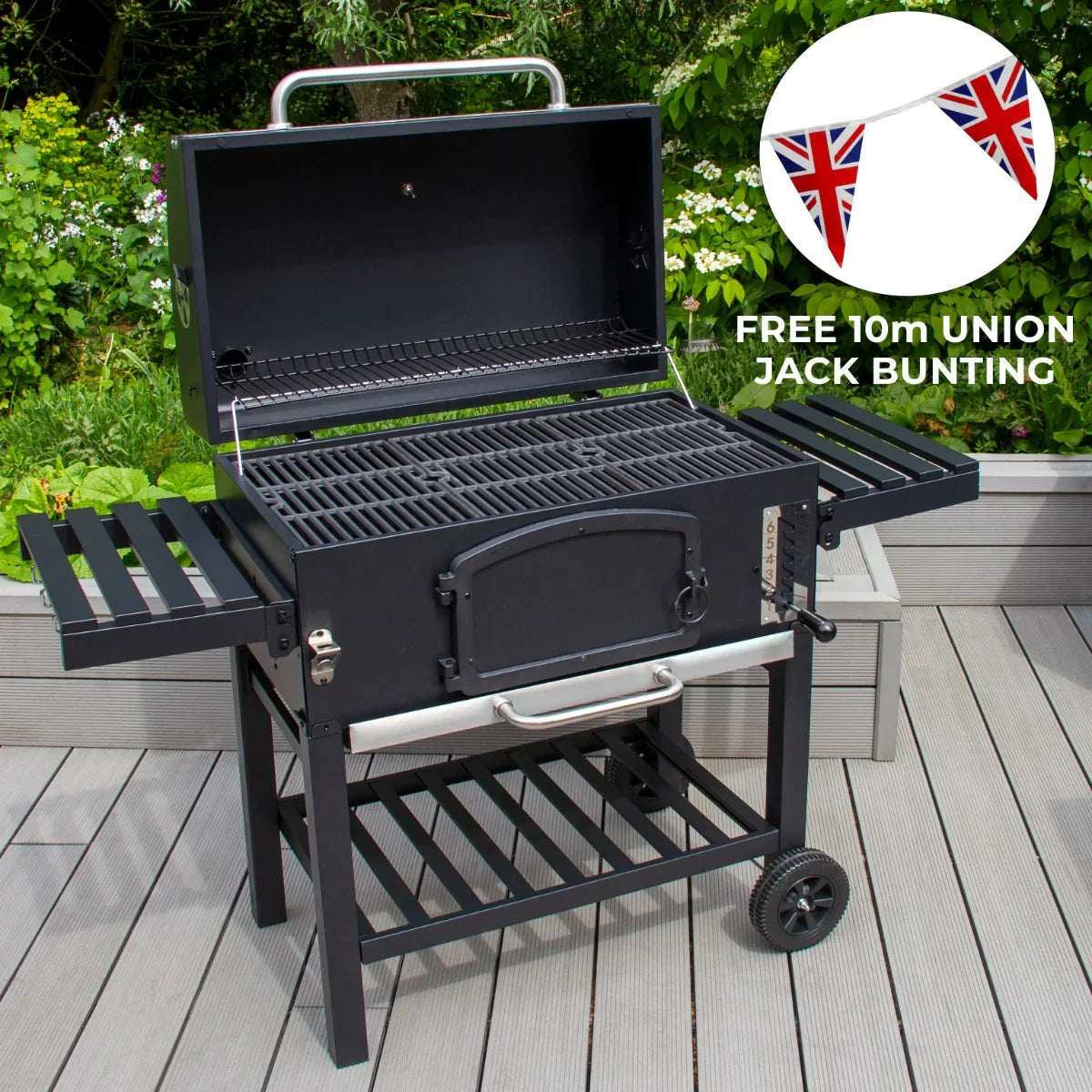 XXL BBQ smoker grill with a black finish, open lid, adjustable side shelves, and free 10m Union Jack bunting displayed nearby