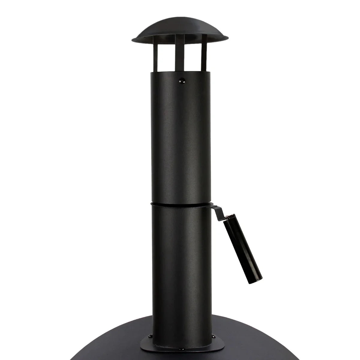 Black outdoor pizza oven with a tall chimney, metal handle, and sleek design, perfect for backyard cooking and gatherings