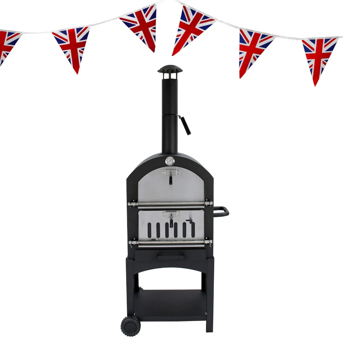 Outdoor pizza oven in sleek black with stainless steel accents, accompanied by Union Jack bunting for a festive touch