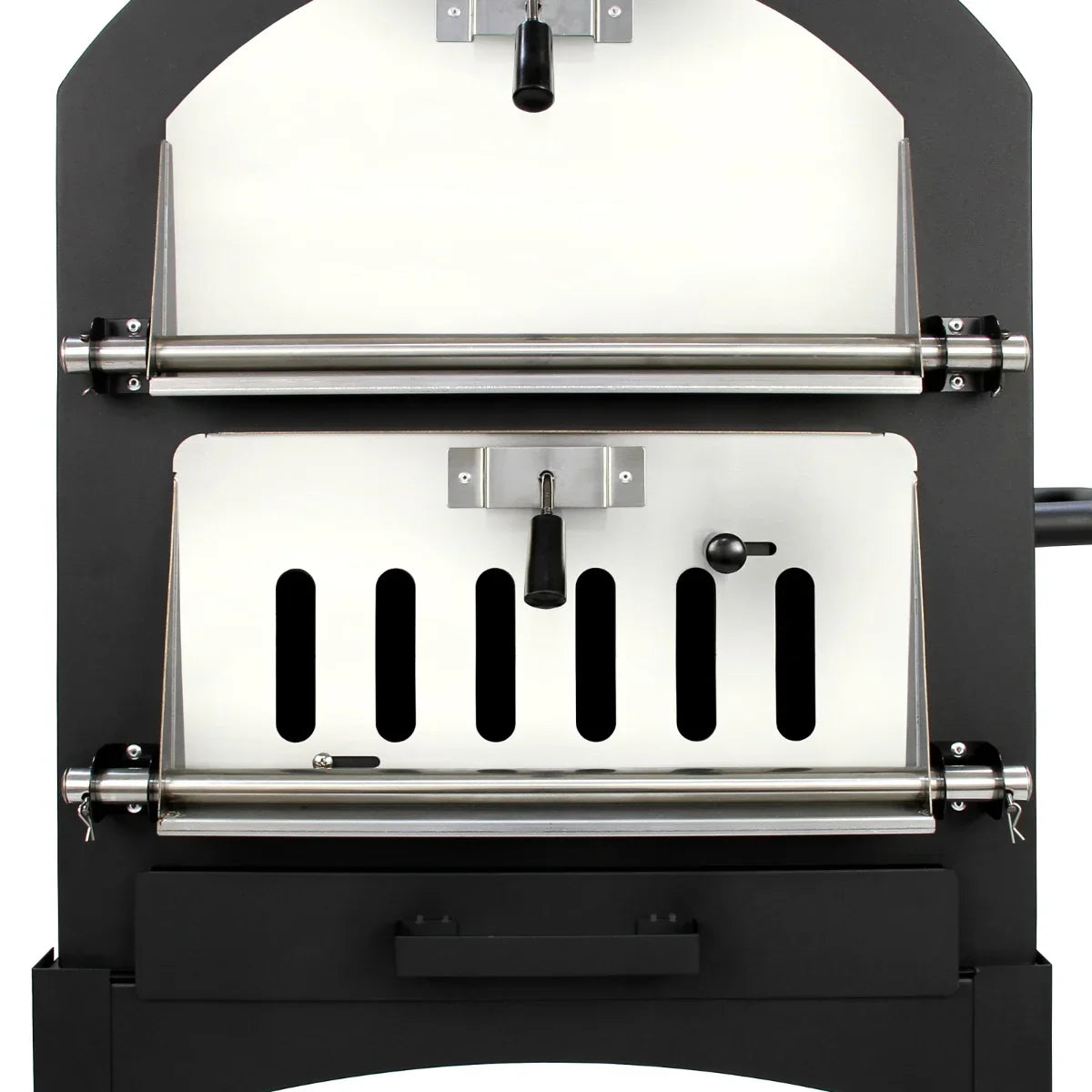 Outdoor pizza oven with stainless steel details, featuring a sleek black exterior and ventilation slots for optimal heat control