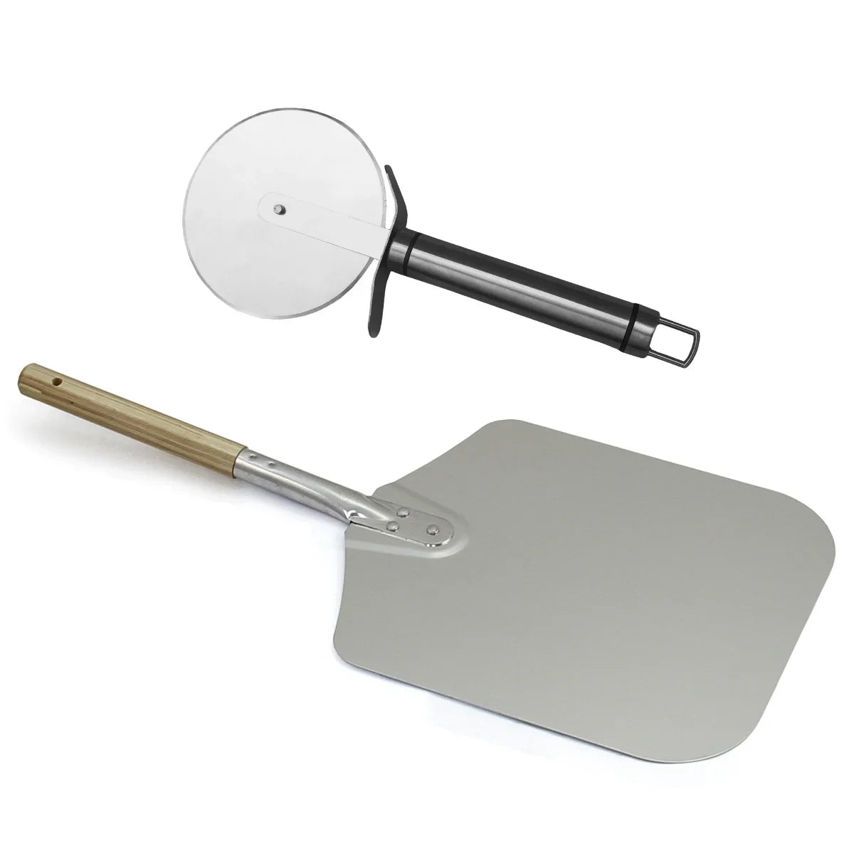 Stainless steel pizza peel with a wooden handle and a round pizza cutter, perfect for outdoor pizza ovens and grilling