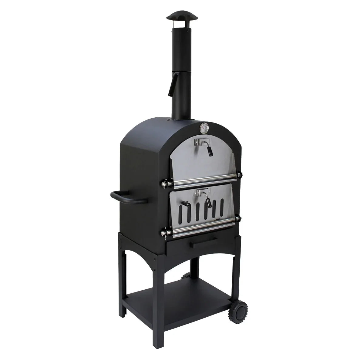 Outdoor pizza oven with a sleek black finish, stainless steel door, and chimney, set on a sturdy wheeled base for easy mobility