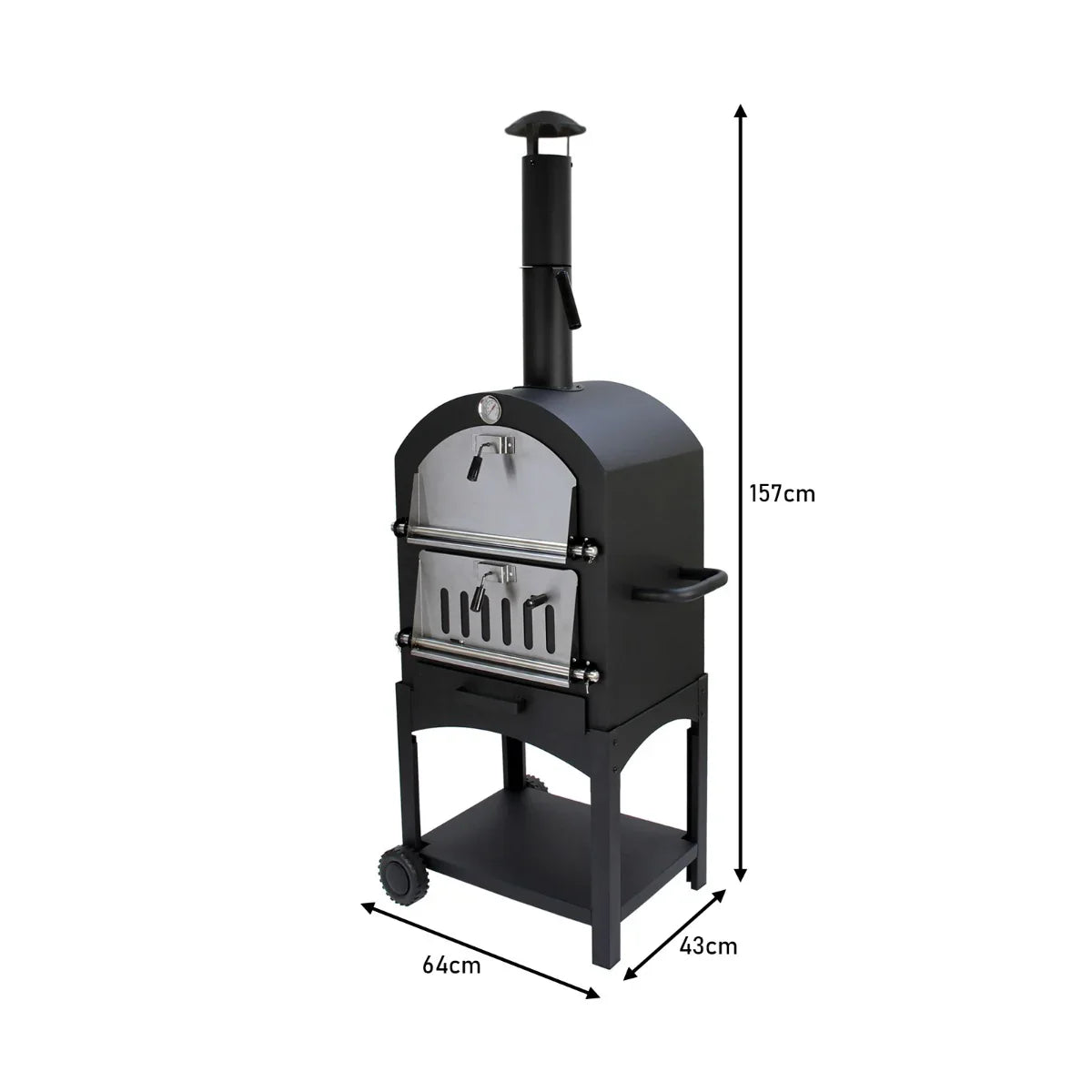 Outdoor pizza oven in sleek black metal with a chimney, measuring 157cm tall, featuring a sturdy base and wheels for mobility