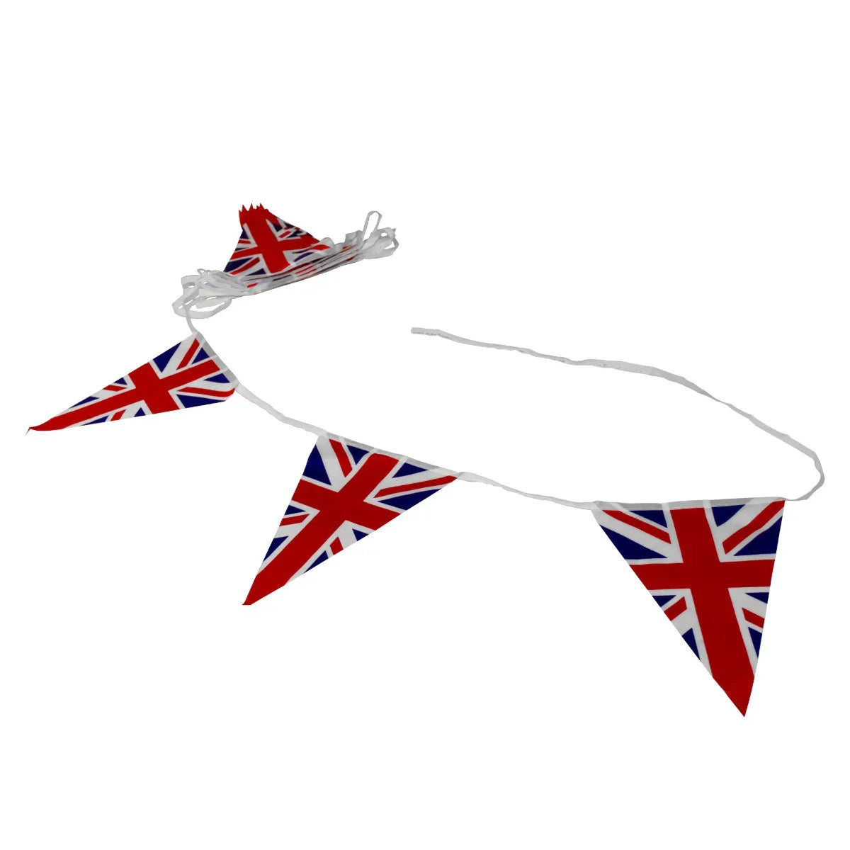 Union Jack bunting with triangular flags in red, white, and blue, perfect for outdoor gatherings and celebrations