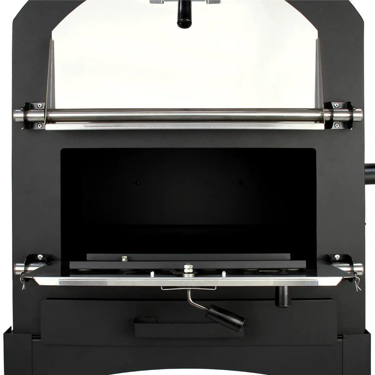 Black outdoor pizza oven with stainless steel handle and open front, showcasing a spacious cooking area and sleek design