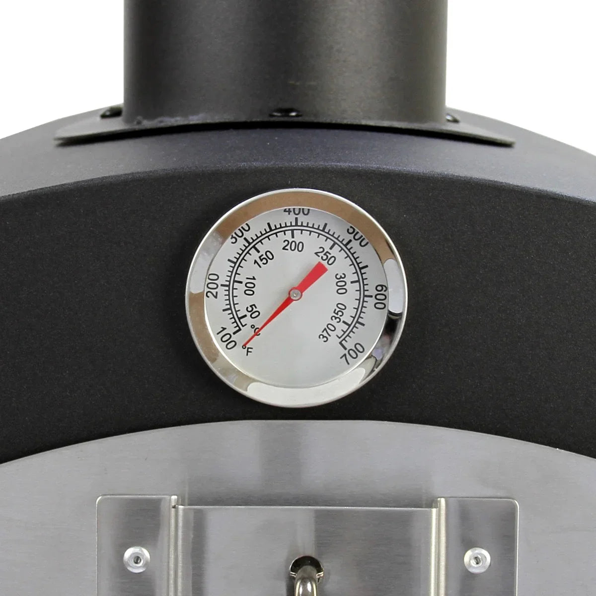 Outdoor pizza oven with a stainless steel thermometer displaying temperatures, featuring a sleek black finish and durable construction