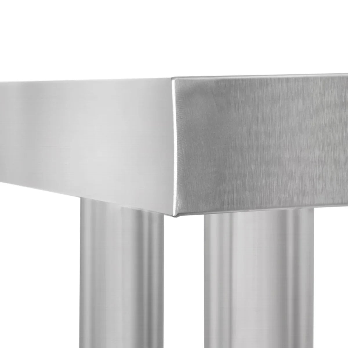 Stainless steel KuKoo work table corner with a sleek, brushed finish, showcasing sturdy legs and a modern design for durability