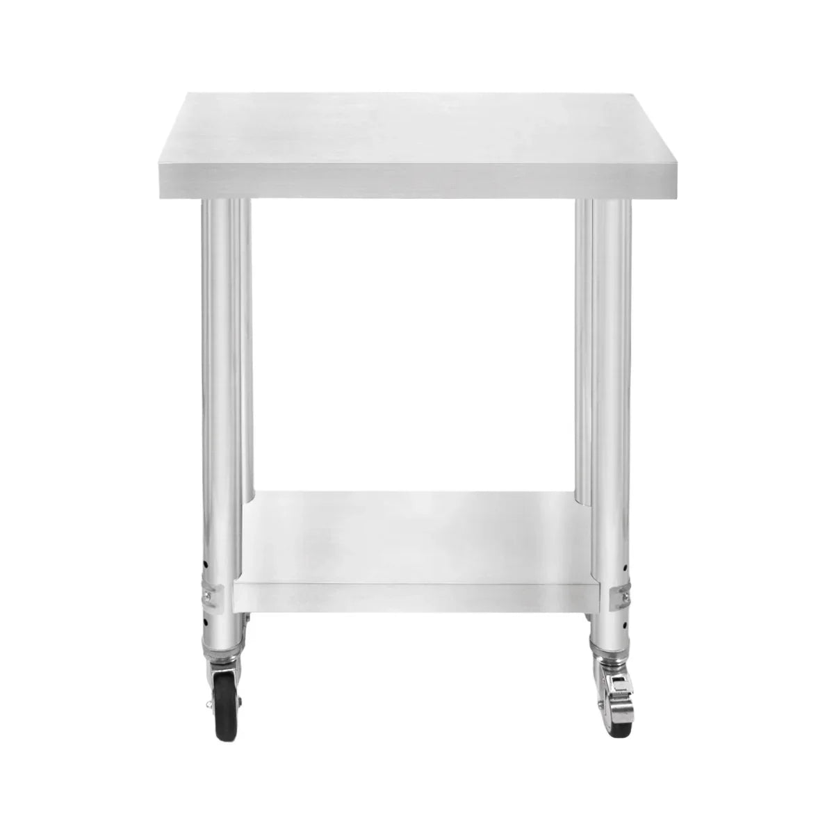 KuKoo Work Table with a sleek stainless steel top, sturdy metal legs, and smooth-rolling wheels for easy mobility, measuring 60cm x 30cm x 80cm
