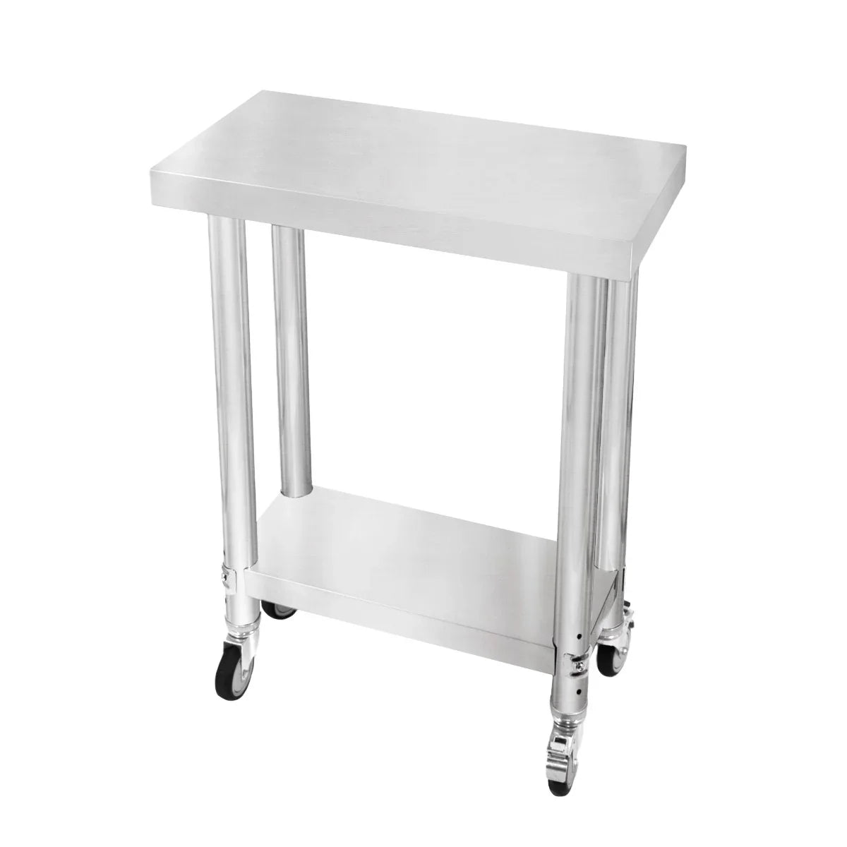Stainless steel KuKoo work table with a sleek surface, sturdy legs, and wheels for easy mobility, measuring 60cm x 30cm x 80cm
